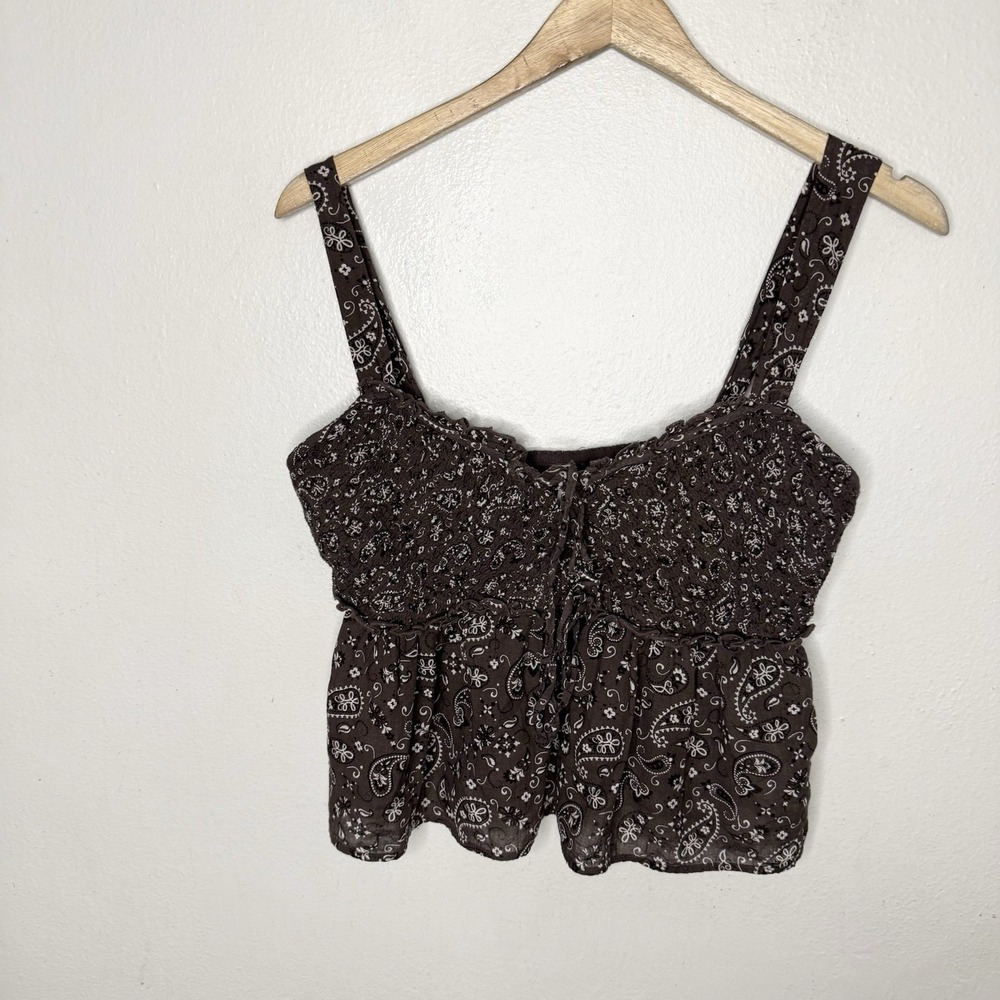 American Eagle Brown Smocked Cotton Babydoll Shirt Tank Too Women's Medium